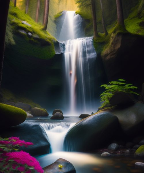 Hyper realistic waterfall through a forest